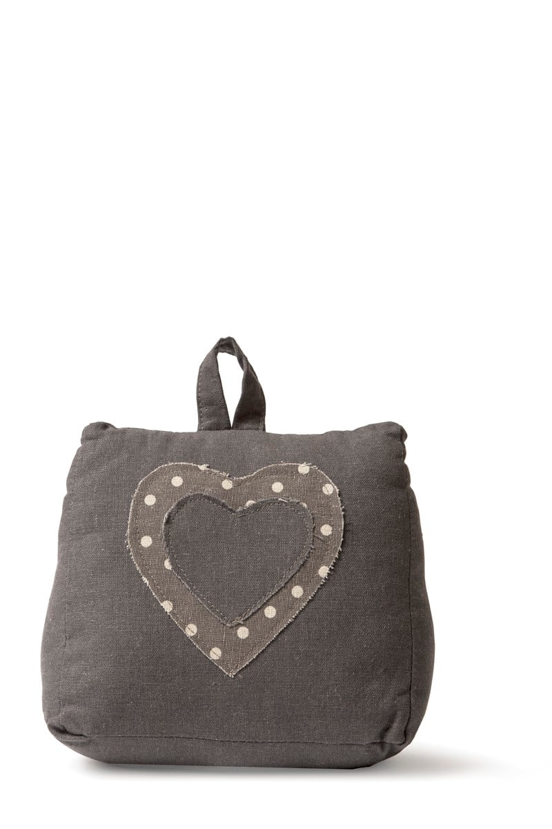Door stopper γκρί με σχέδιο καρδούλα και πουά ύφασμα. Διαστάσεις: 19 x 19 cm.