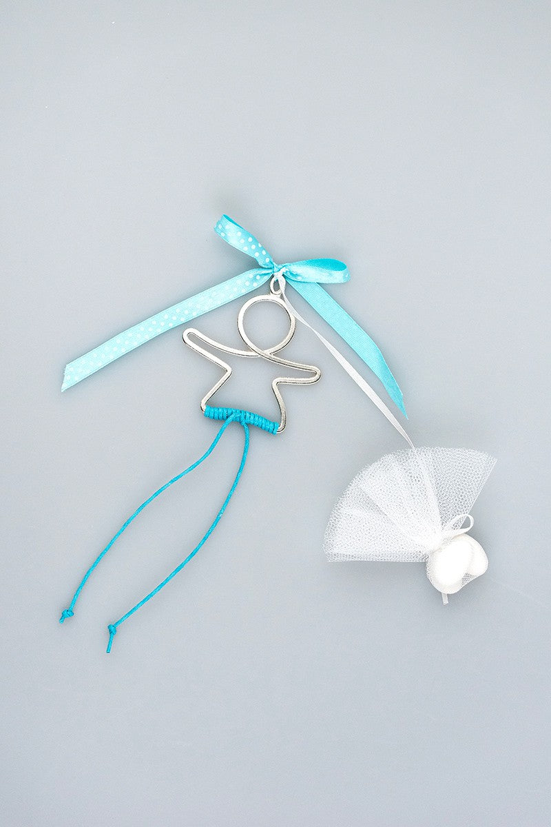 Μπομπονιέρα χειροποιήτη μεταλλική αγόρι με σιέλ πουά κορδέλα.