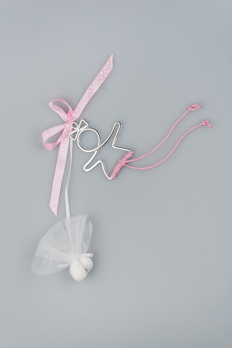 Μπομπονιέρα μεταλλική κοριτσάκι με ρόζ πουά κορδέλα.