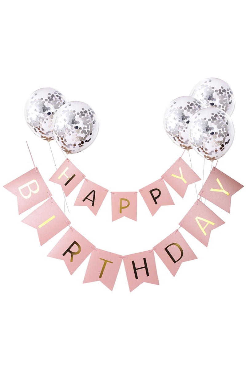 Χάρτινο banner "Happy birthday" σε ροζ με ασημί χρώμα.