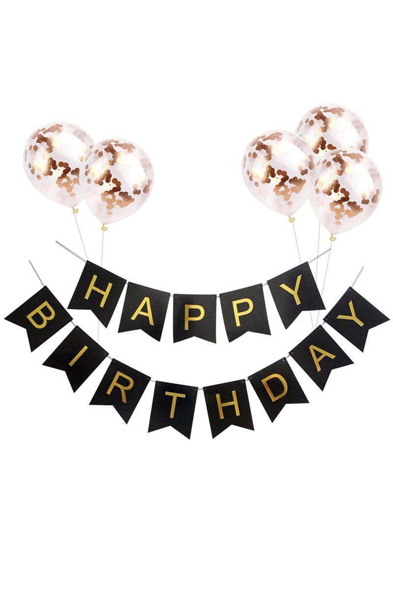 Χάρτινο banner "Happy birthday" σε μαύρο - χρυσό και ροζ χρυσό χρώμα,
