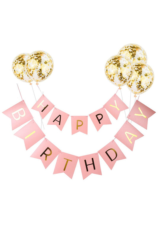 Χάρτινο banner "Happy birthday" σε ροζ με χρυσό χρώμα.