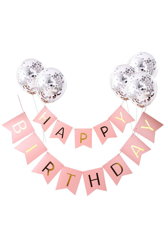 Χάρτινο banner "Happy birthday" σε ροζ με ασημί χρώμα.